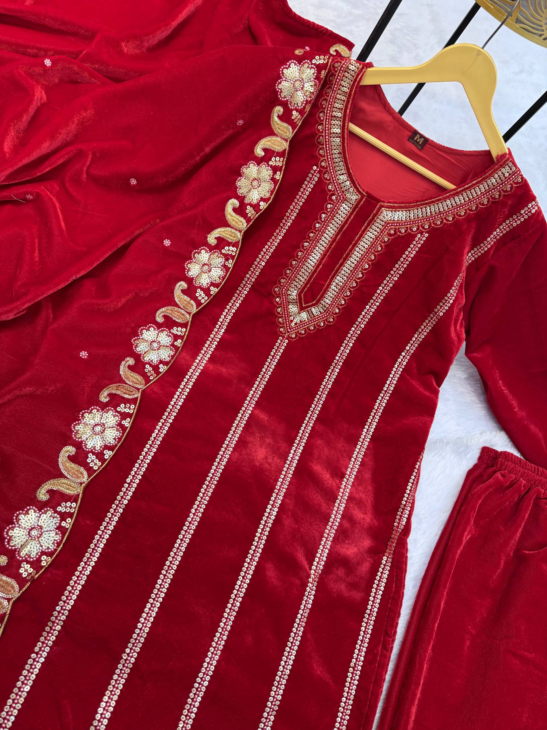 Regal Red Velvet Suit with Elaborate Gold Embroidery