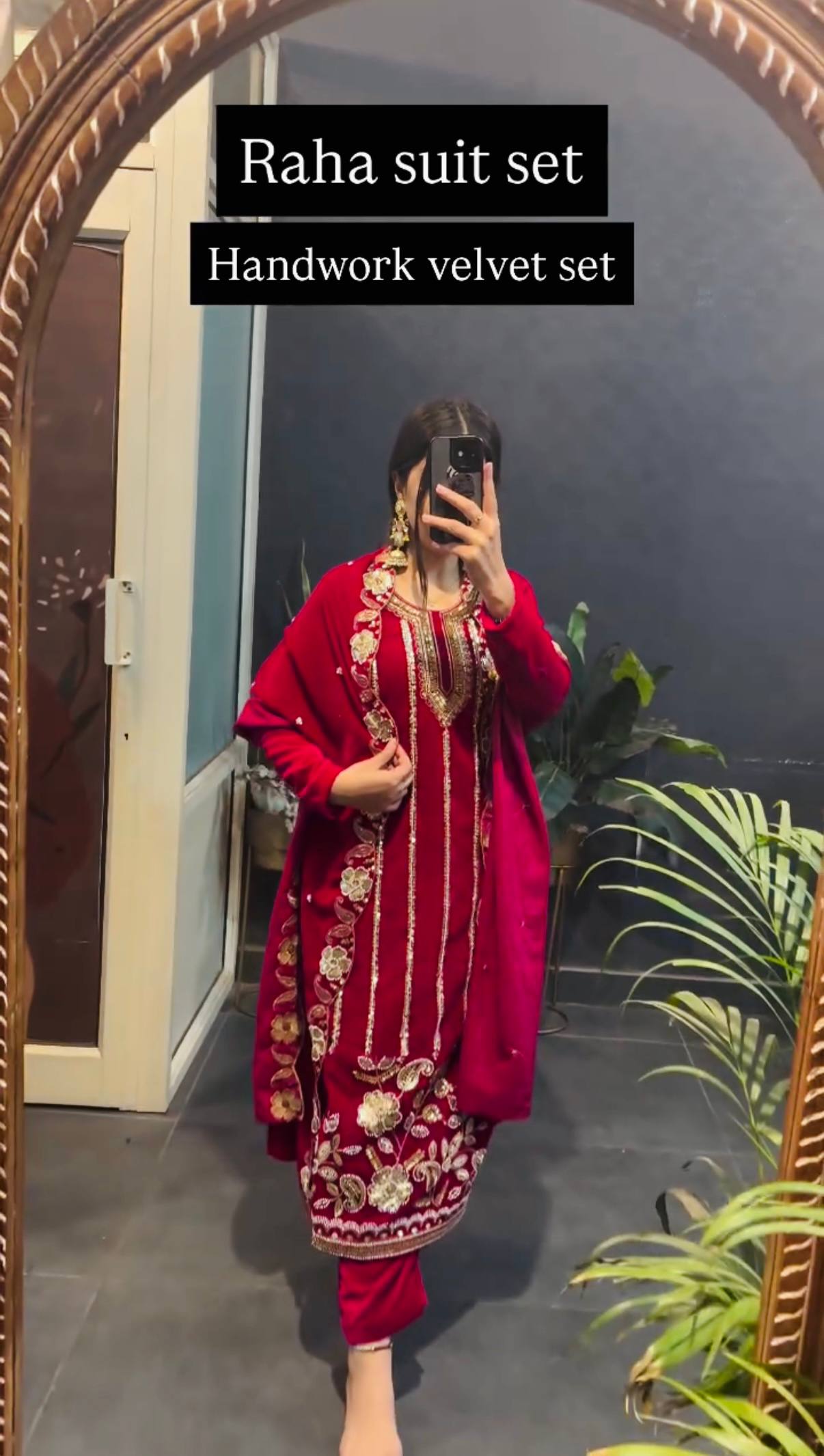 Regal Red Velvet Suit with Elaborate Gold Embroidery