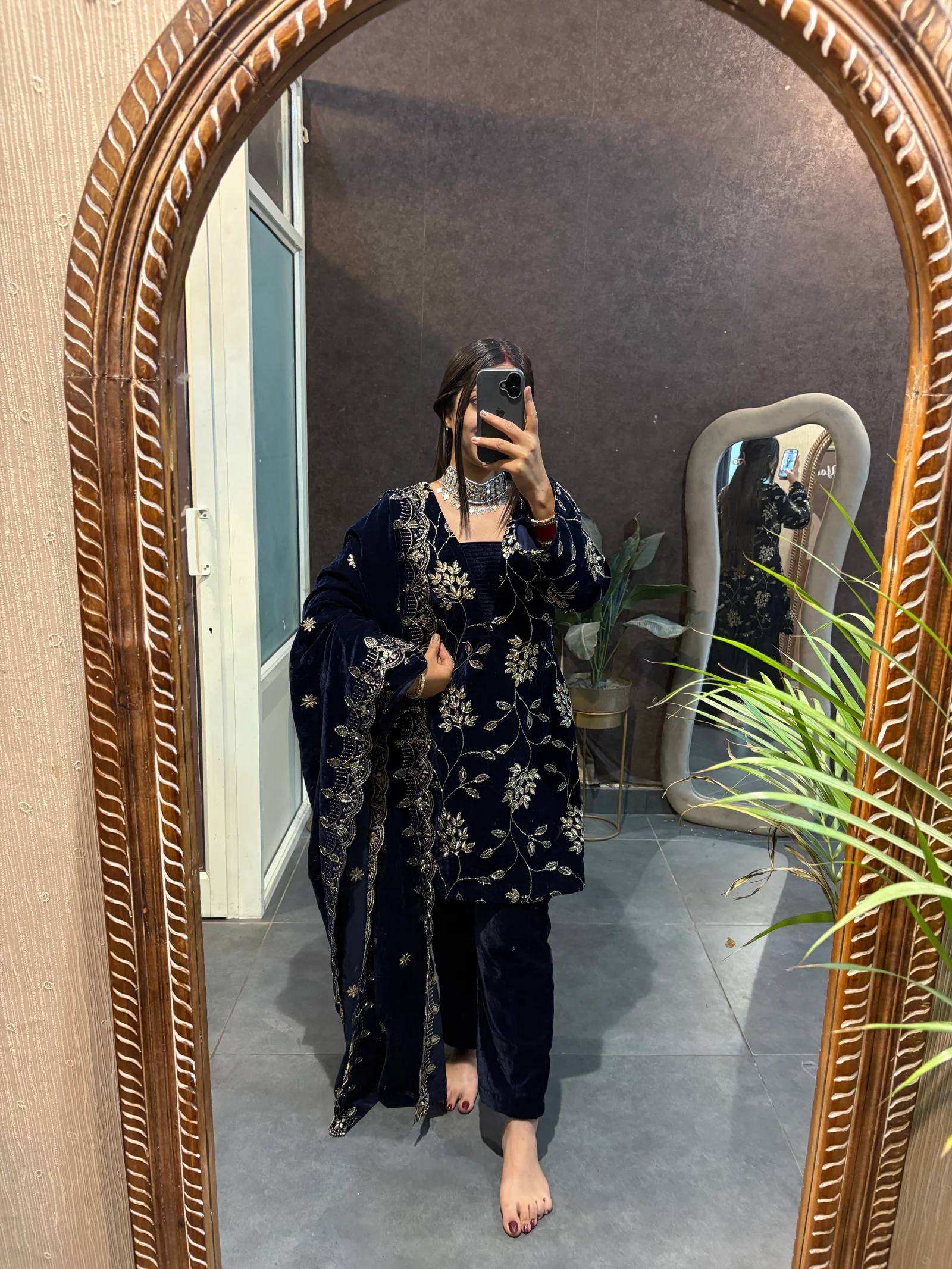 Luxurious Velvet Kurta Set with Gold Embroidery