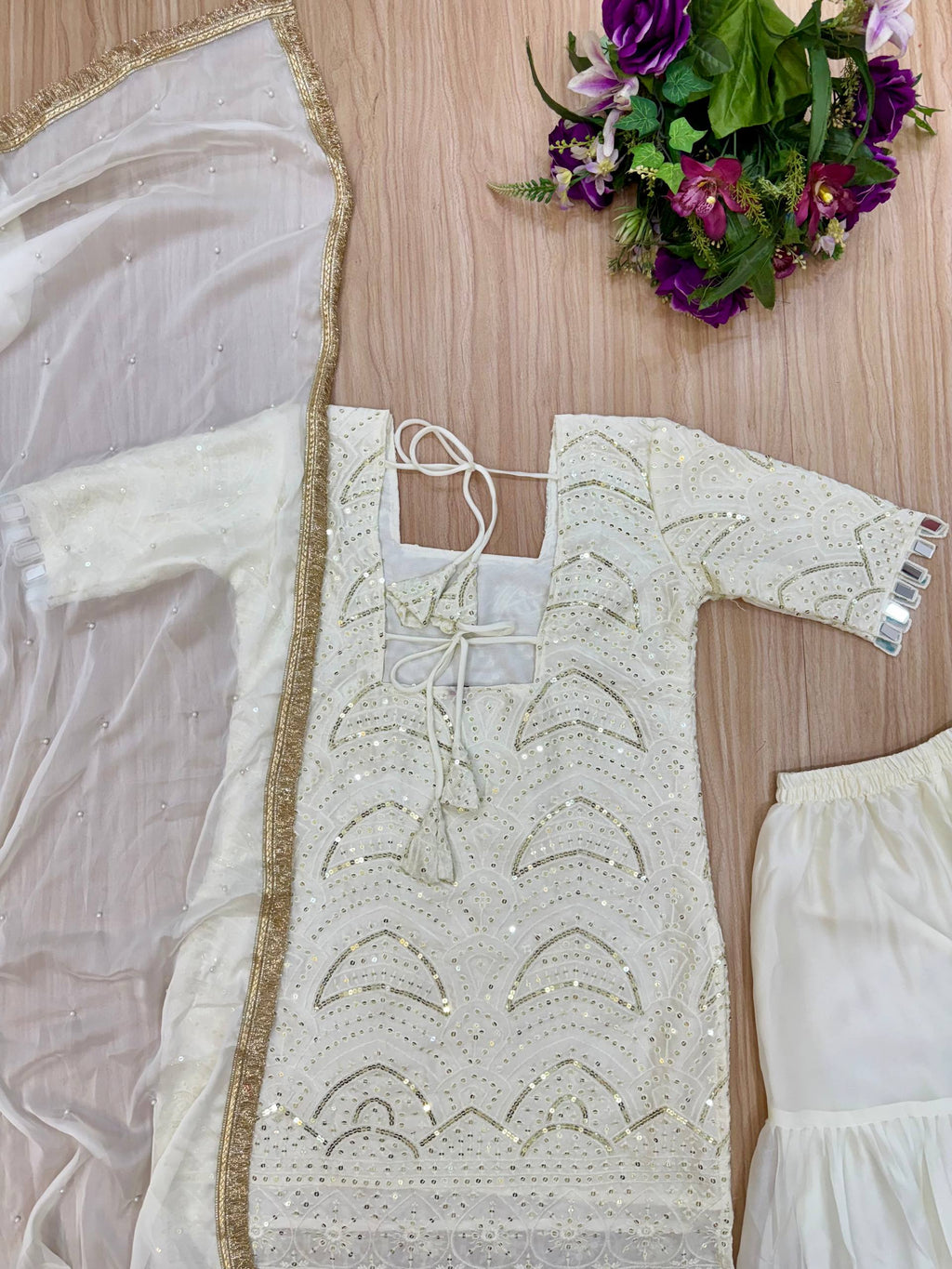 Elegant Off-White Sharara Suit with Intricate Sequin Work