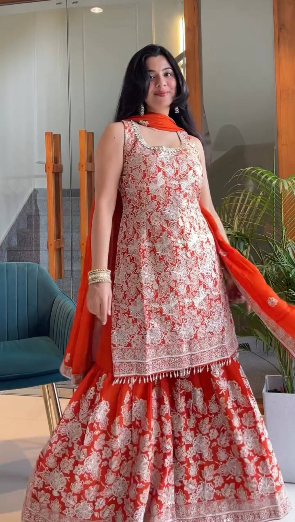 Elegant Red Sharara Suit with Intricate White Embroidery