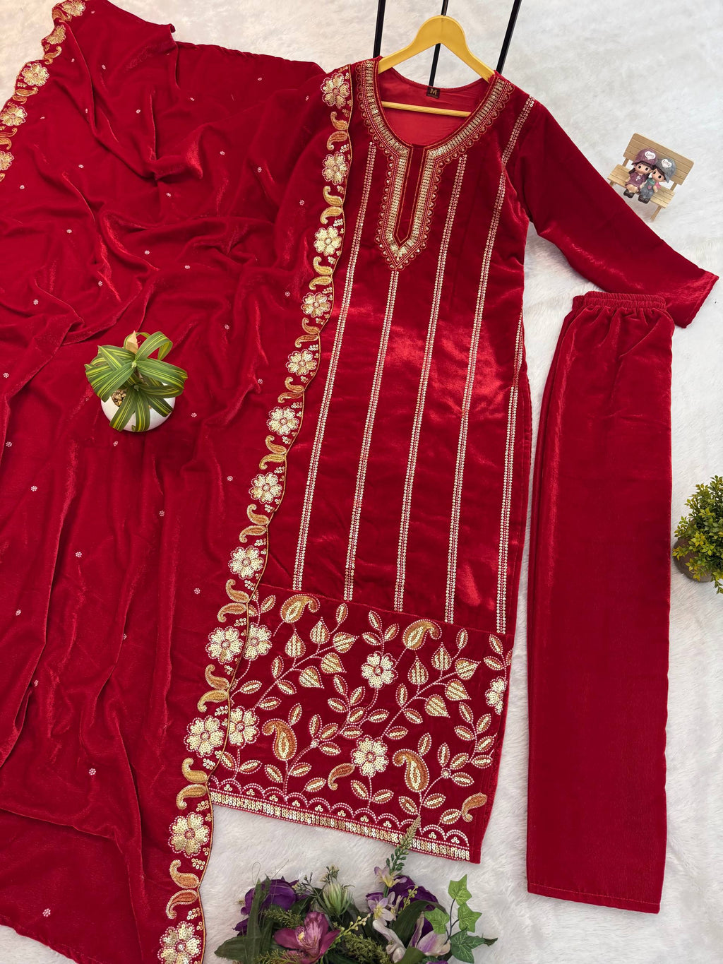 Regal Red Velvet Suit with Elaborate Gold Embroidery