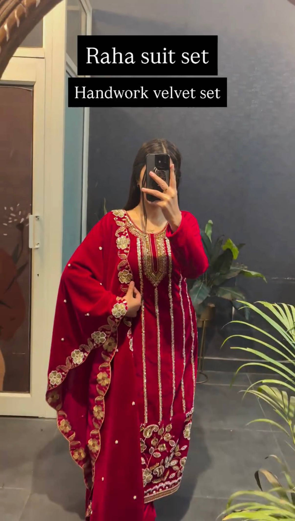 Regal Red Velvet Suit with Elaborate Gold Embroidery