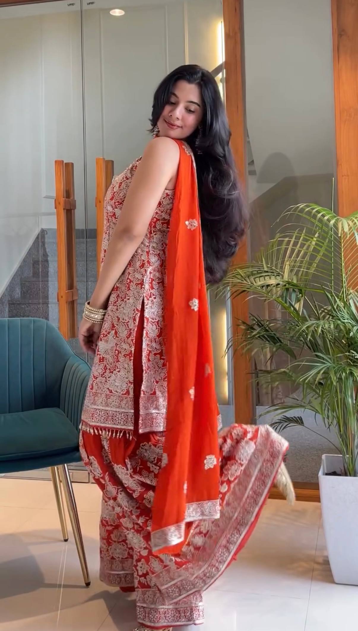 Elegant Red Sharara Suit with Intricate White Embroidery