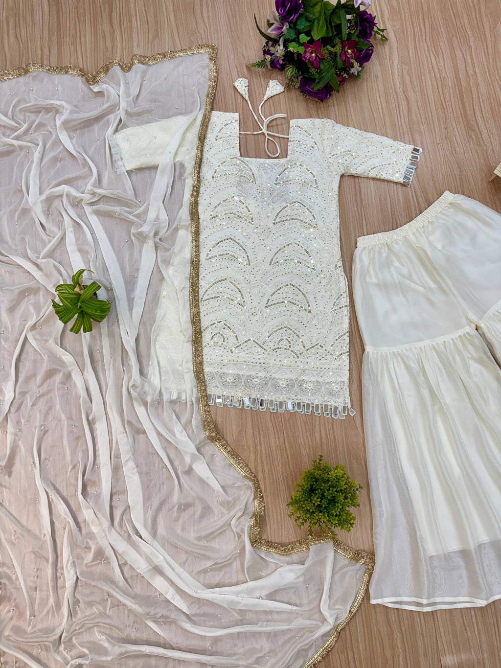 Elegant Off-White Sharara Suit with Intricate Sequin Work