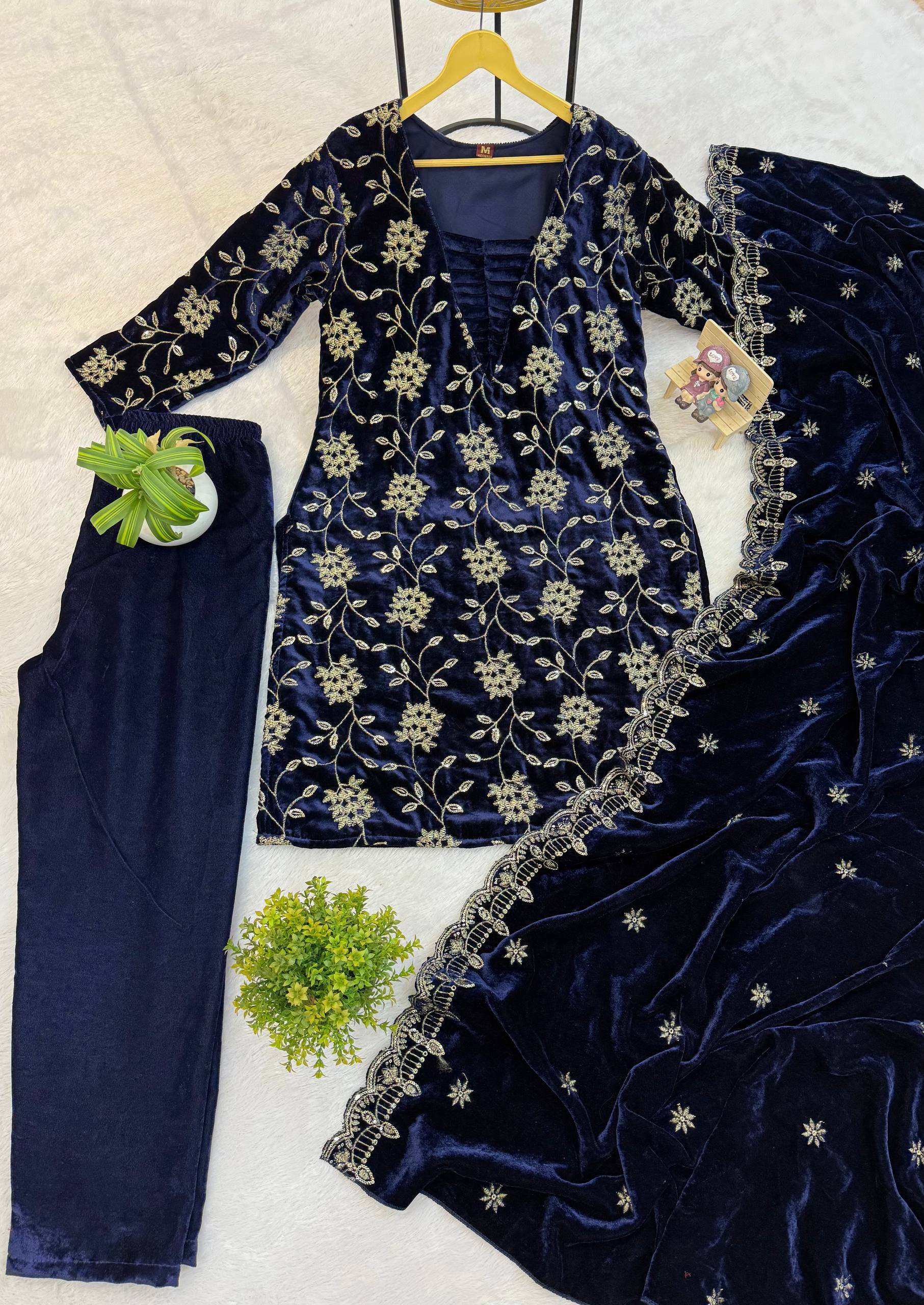 Luxurious Velvet Kurta Set with Gold Embroidery