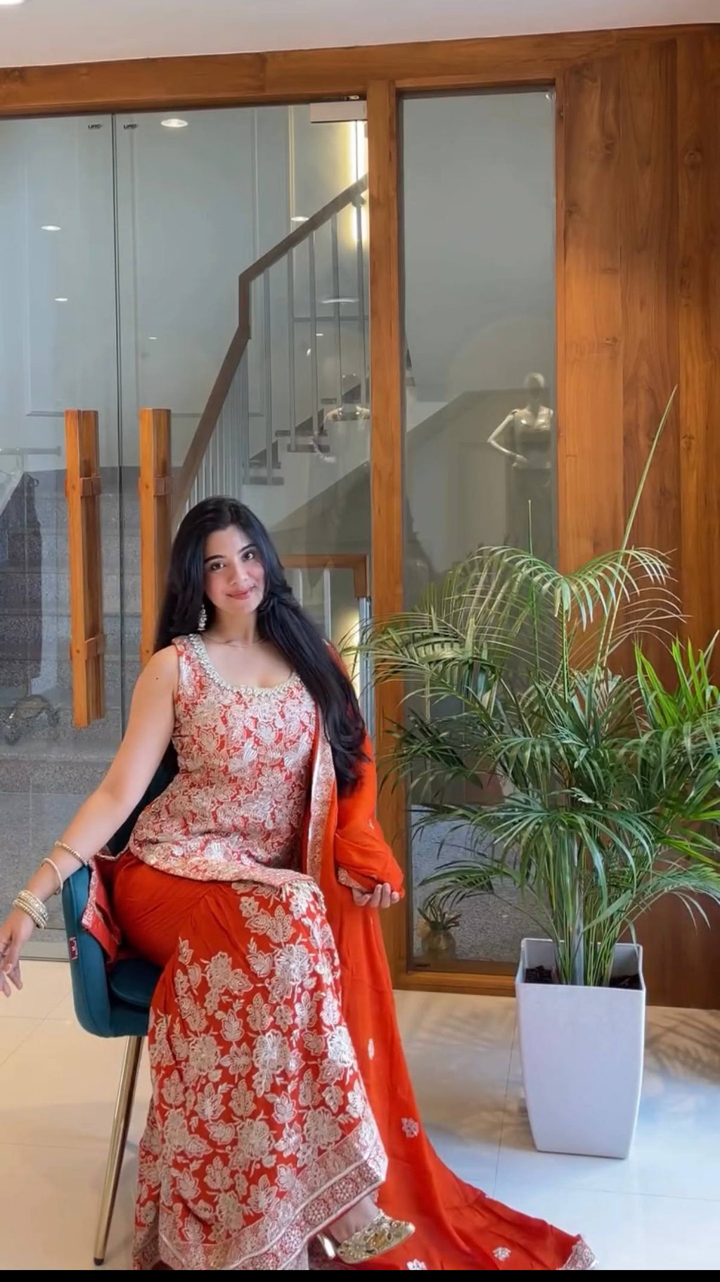 Elegant Red Sharara Suit with Intricate White Embroidery