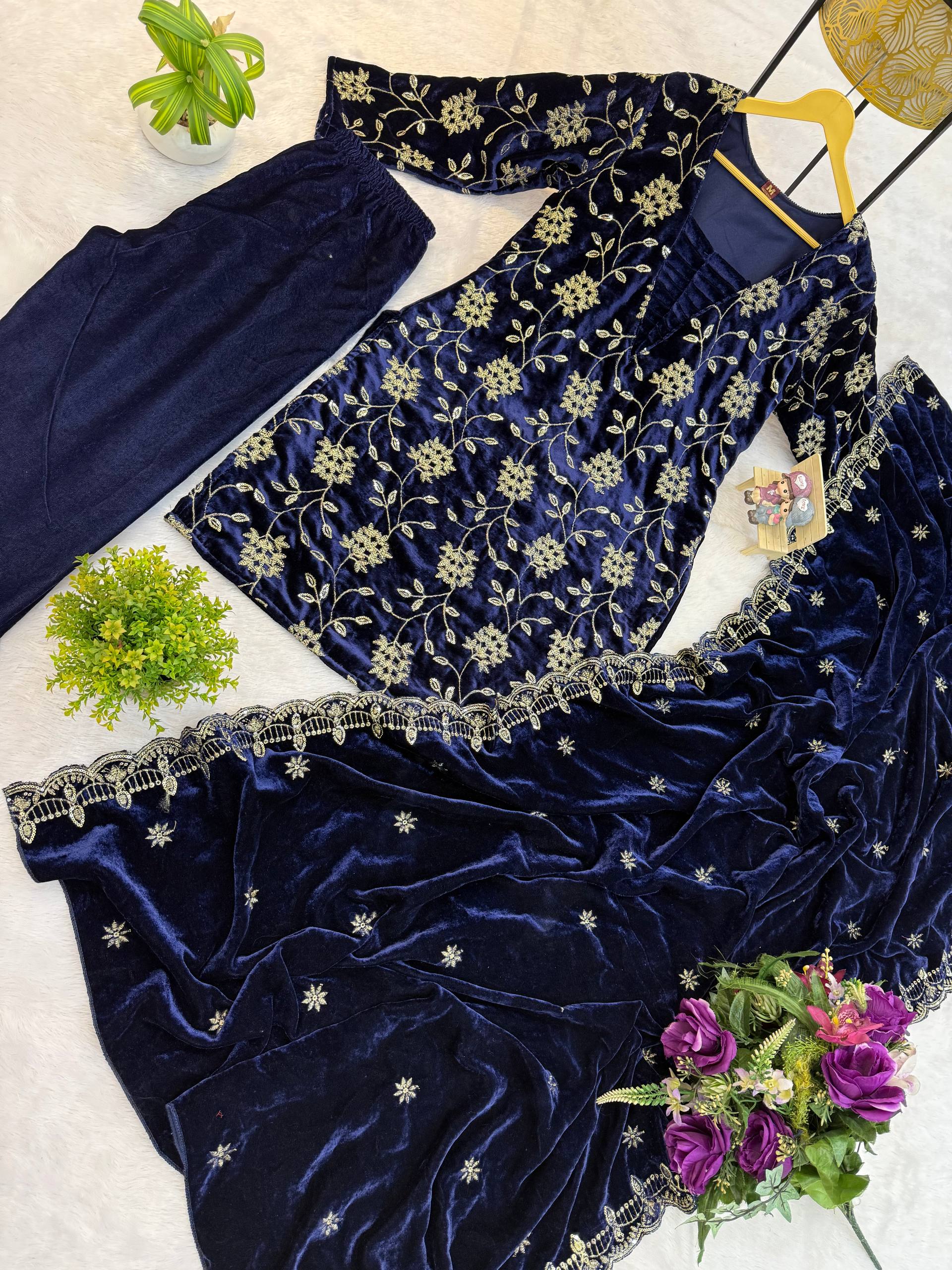 Luxurious Velvet Kurta Set with Gold Embroidery