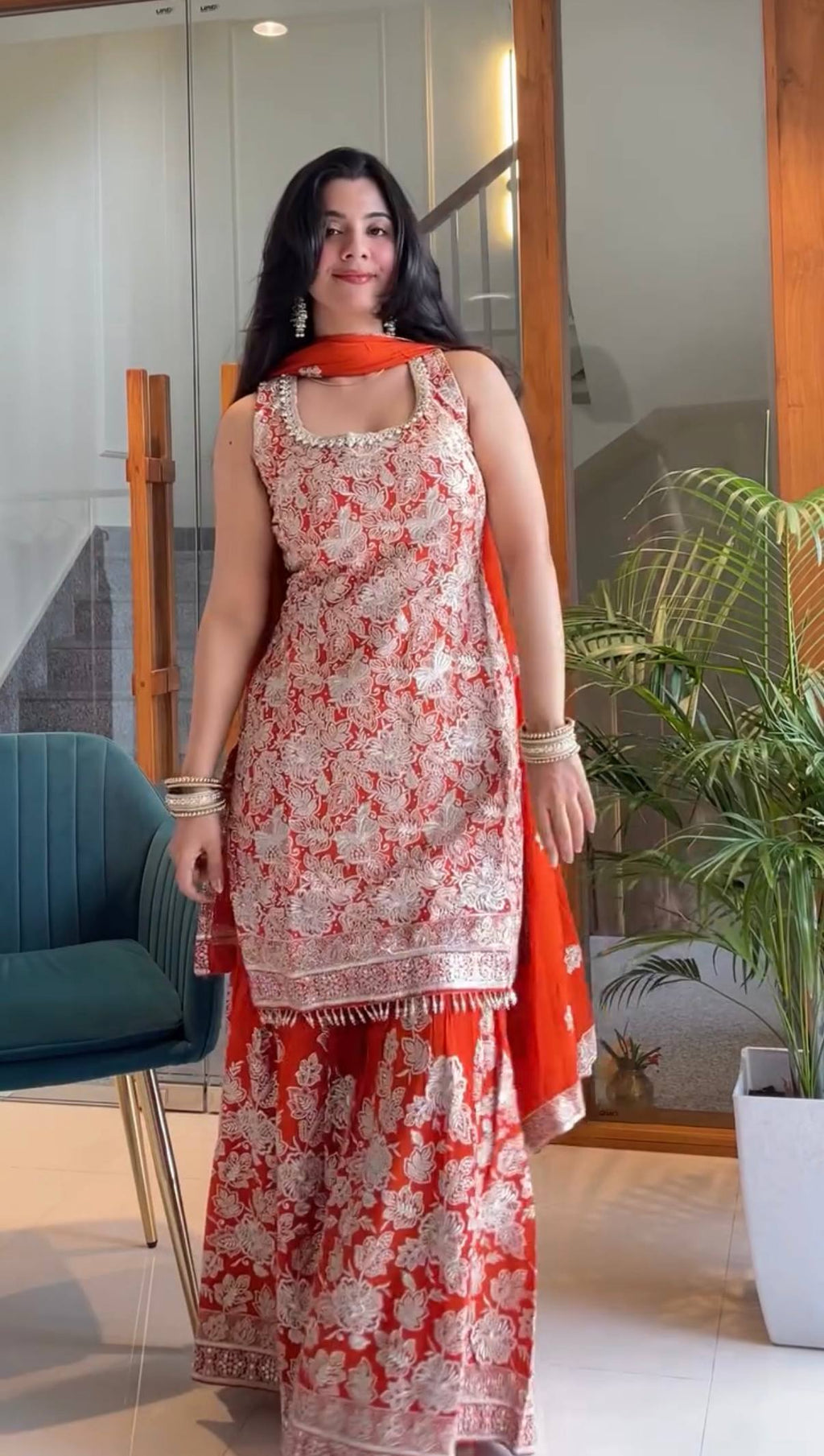 Elegant Red Sharara Suit with Intricate White Embroidery